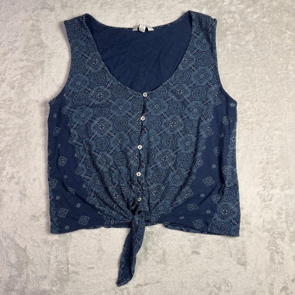 Lucky‎ Brand Navy Blue Geometric Print Button Front Tie Hem Tank Top Small